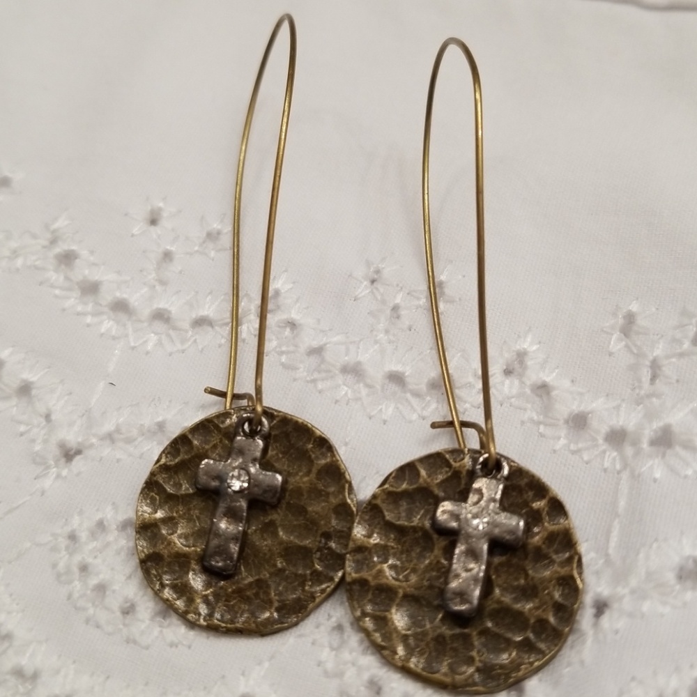 Cross earrings with disk hammered bronze tone - Picture 5 of 8